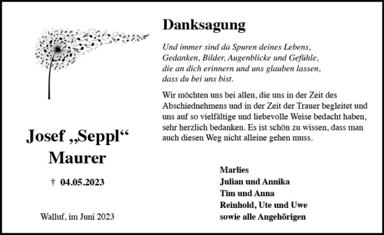 Traueranzeige von Josef Maurer von Wiesbadener Kurier