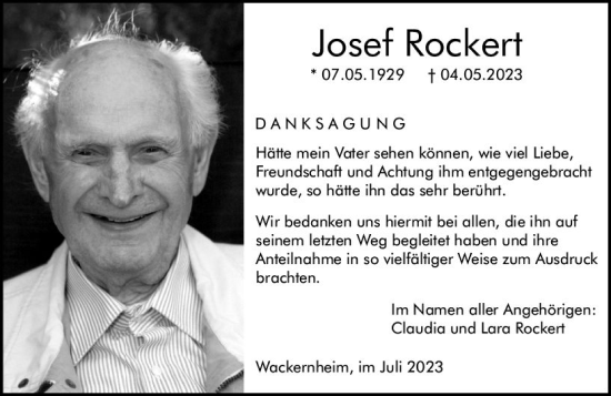 Traueranzeige von Josef Rockert von Allgemeine Zeitung Bingen/Ingelheim