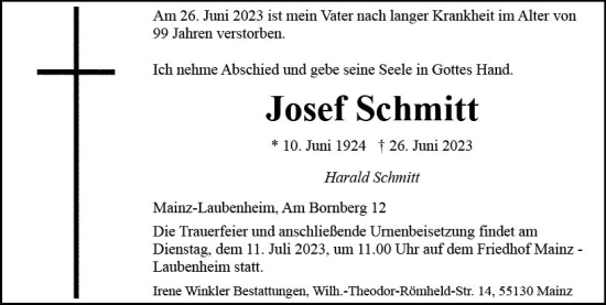 Traueranzeige von Josef Schmitt von Allgemeine Zeitung Mainz