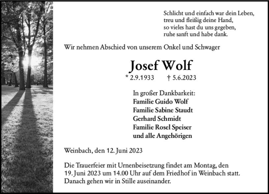 Traueranzeige von Josef Wolf von Weilburger Tageblatt