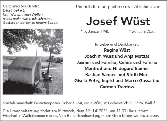 Traueranzeige von Josef Wüst von Wiesbadener Kurier
