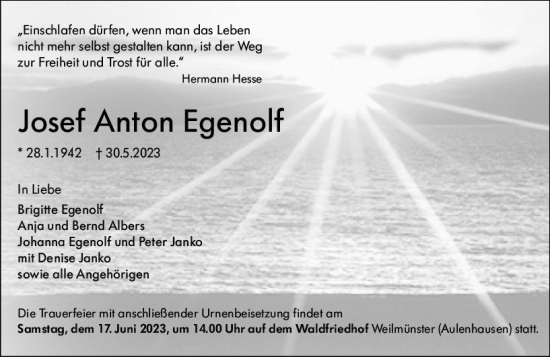 Traueranzeige von Josef Anton Egenolf von Weilburger Tageblatt