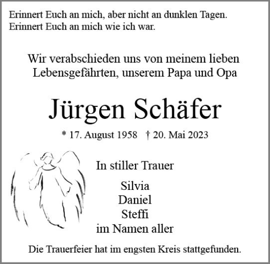 Traueranzeige von Jürgen Schäfer von Wiesbadener Kurier