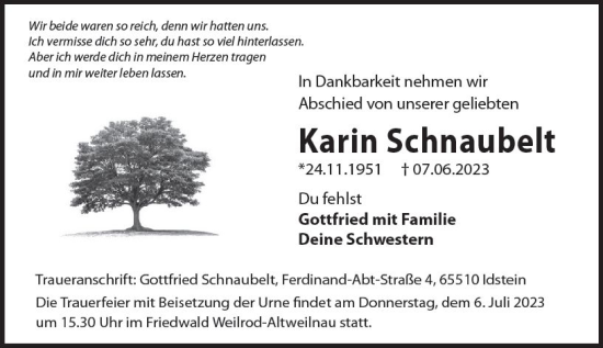 Traueranzeige von Karin Schnaubelt von Idsteiner Land/Untertaunus