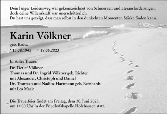 Traueranzeige von Karin Völkner von Hinterländer Anzeiger
