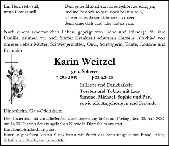Traueranzeige von Karin Weitzel von Allgemeine Zeitung Alzey