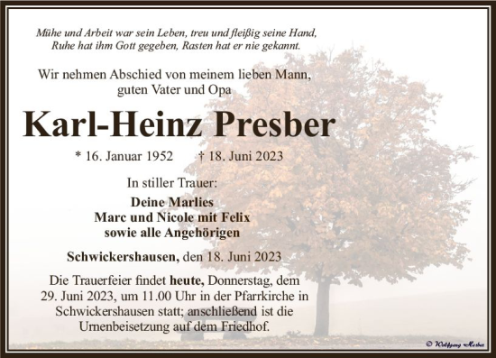 Traueranzeige von Karl-Heinz Presber von Camberger Anzeiger