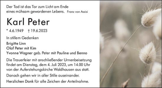 Traueranzeige von Karl Peter von Weilburger Tageblatt