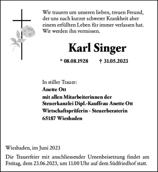 Traueranzeige von Karl Singer von Wiesbadener Kurier