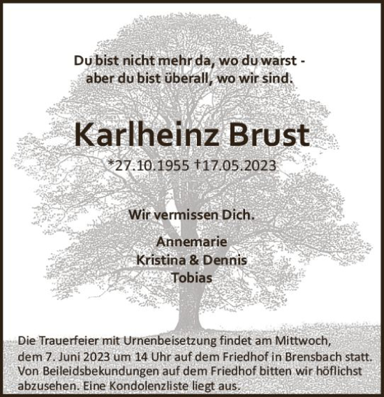 Traueranzeige von Karlheinz Brust von Odenwälder Echo
