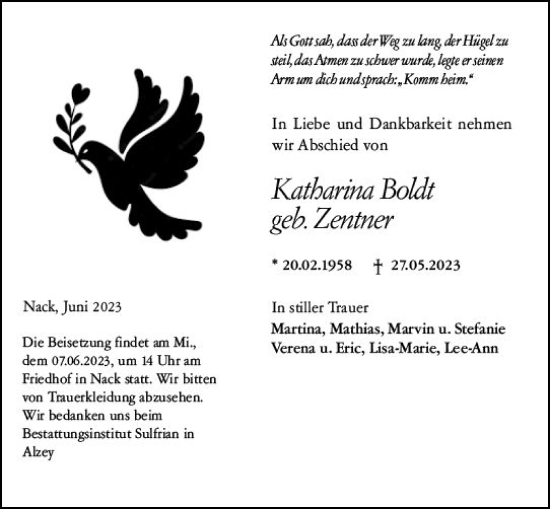 Traueranzeige von Katharina Boldt von Allgemeine Zeitung Alzey