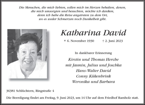 Traueranzeige von Katharina David von VRM Trauer