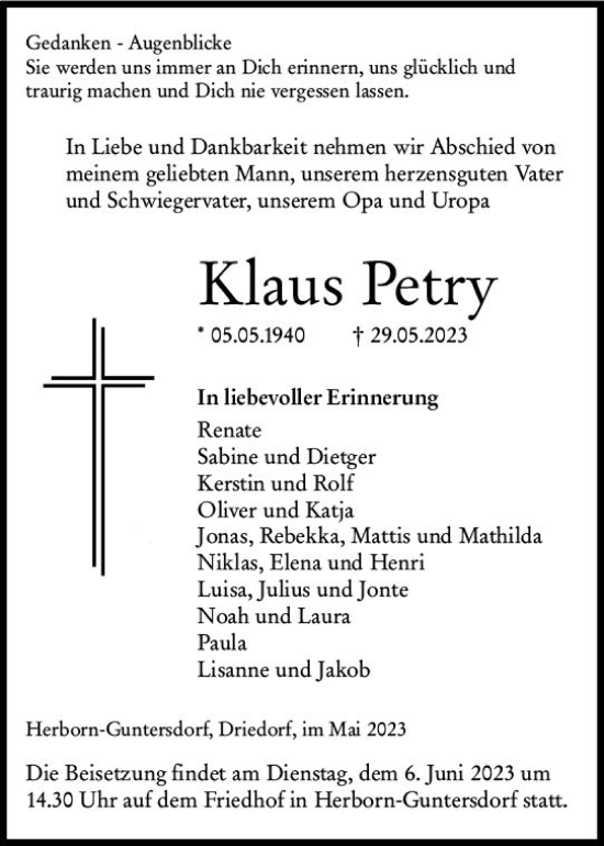 Traueranzeige von Klaus Petry von Dill Block