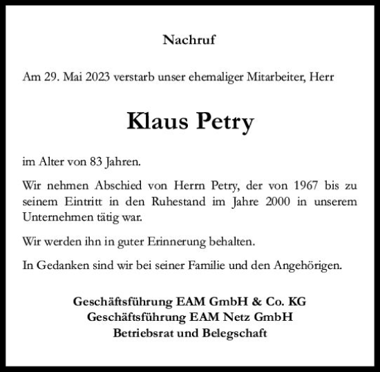 Traueranzeige von Klaus Petry von Dill Block