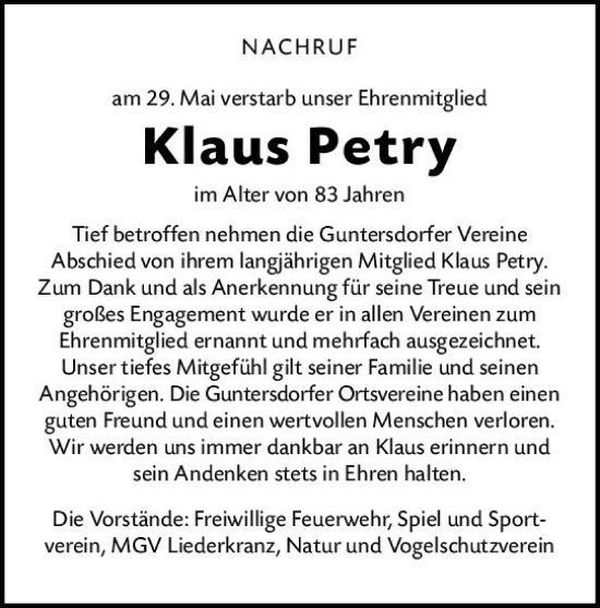 Traueranzeige von Klaus Petry von Dill Block