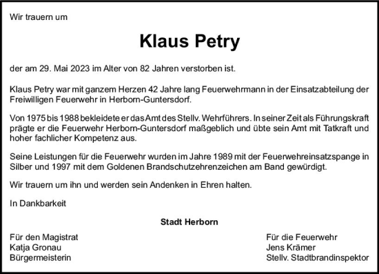 Traueranzeige von Klaus Petry von Dill Block