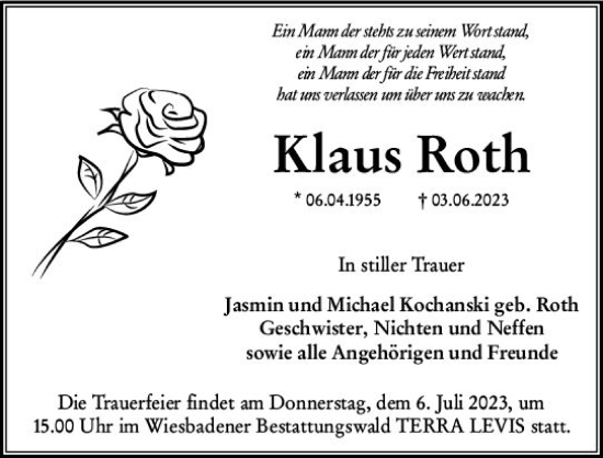 Traueranzeige von Klaus Roth von Wiesbadener Kurier