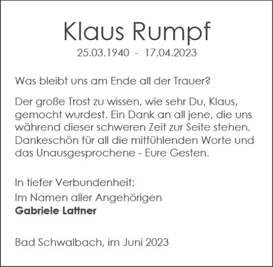Traueranzeige von Klaus Rumpf von Wiesbadener Kurier