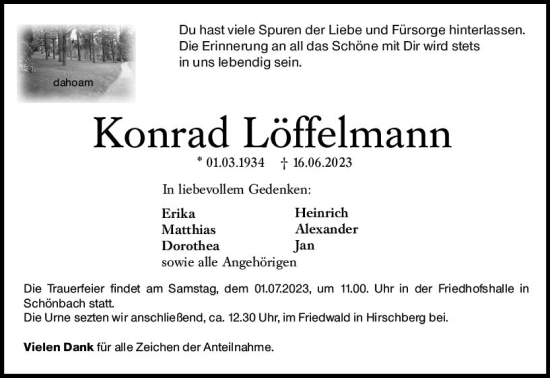 Traueranzeige von Konrad Löffelmann von Dill Block