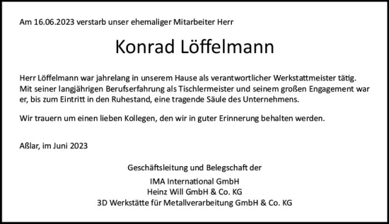 Traueranzeige von Konrad Löffelmann von Dill Block
