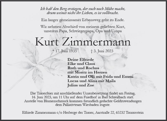 Traueranzeige von Kurt Zimmermann von Idsteiner Land/Untertaunus