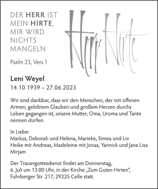 Traueranzeige von Leni Weyel von Hinterländer Anzeiger