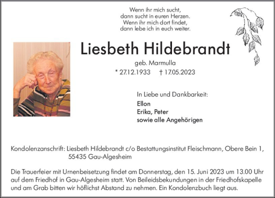 Traueranzeige von Liesbeth Hildebrandt von Allgemeine Zeitung Bingen/Ingelheim