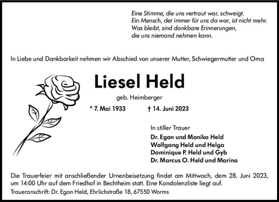 Traueranzeige von Liesel Held von Wormser Zeitung