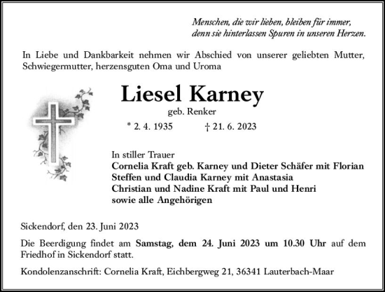 Traueranzeige von Liesel Karney von VRM Trauer