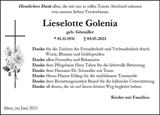 Traueranzeige von Lieselotte Golenia von Allgemeine Zeitung Alzey