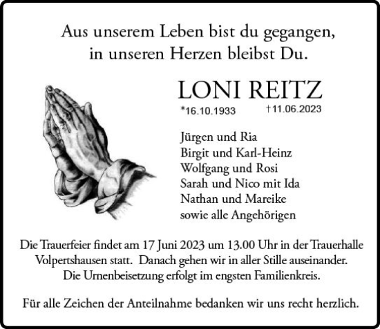 Traueranzeige von Loni Reitz von Wetzlarer Neue Zeitung