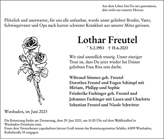 Traueranzeige von Lothar Freutel von Wiesbadener Kurier