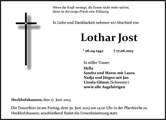 Traueranzeige von Lothar Jost von Weilburger Tageblatt