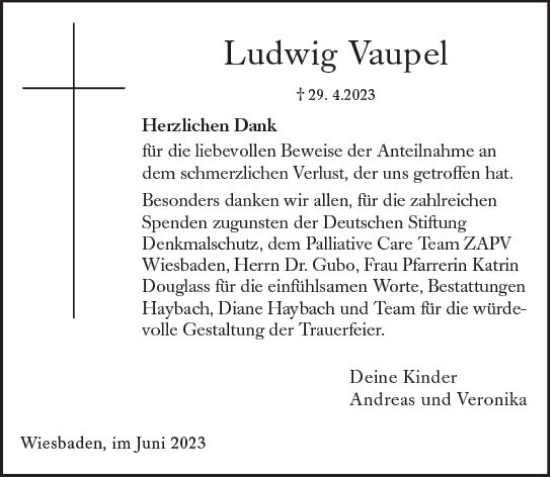 Traueranzeige von Ludwig Vaupel von Wiesbadener Kurier