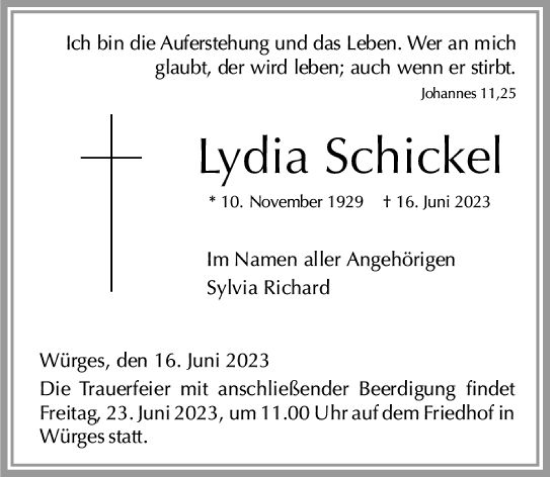 Traueranzeige von Lydia Schickel von Camberger Anzeiger