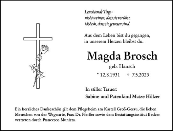 Traueranzeige von Magda Brosch von Groß-Gerauer Echo