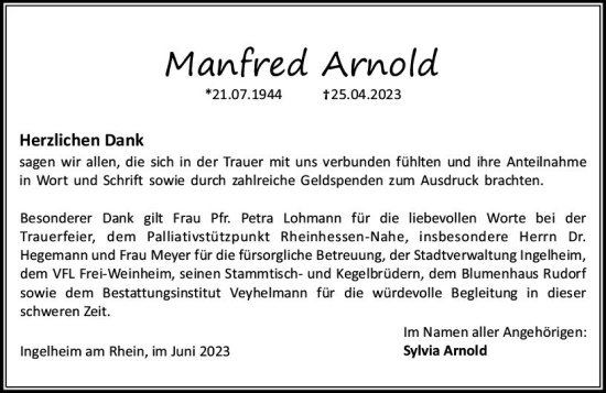Traueranzeige von Manfred Arnold von Allgemeine Zeitung Bingen/Ingelheim