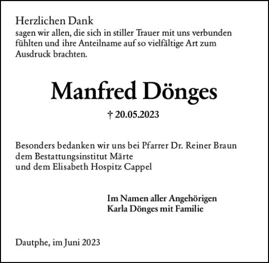 Traueranzeige von Manfred Dönges von Hinterländer Anzeiger