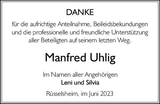 Traueranzeige von Manfred Uhlig von Rüsselsheimer Echo