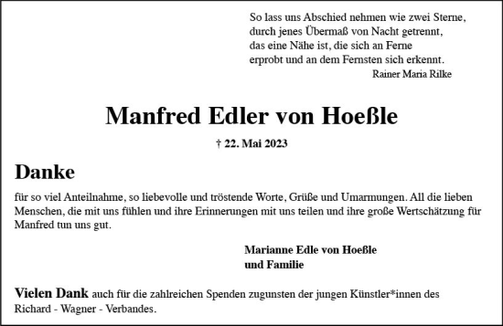 Traueranzeige von Manfred Edler von Hoeßle von Wiesbadener Kurier