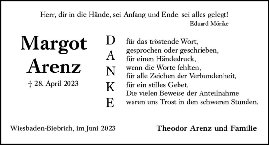 Traueranzeige von Margot Arenz von Wiesbadener Kurier