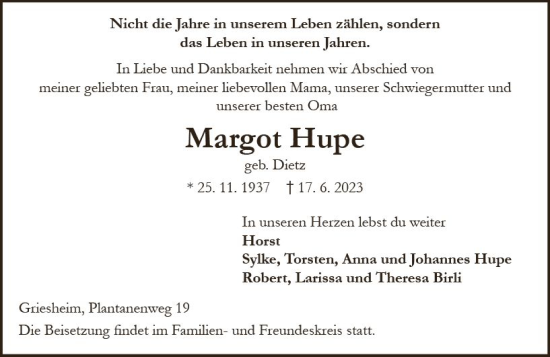 Traueranzeige von Margot Hupe von Darmstädter Echo