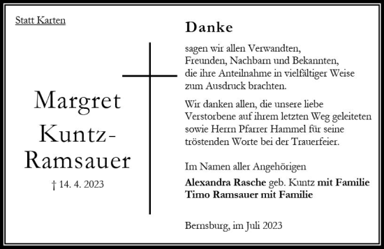 Traueranzeige von Margret Kuntz-Ramsauer von Oberhessen Kurier