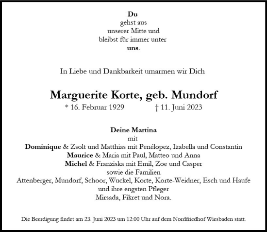 Traueranzeige von Marguerite Korte von Wiesbadener Kurier
