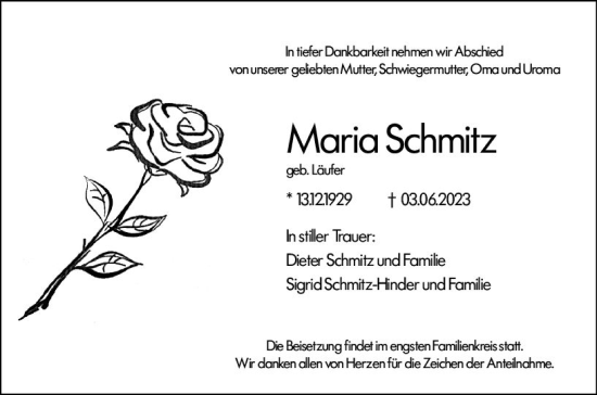 Traueranzeige von Maria Schmitz von Wetzlarer Neue Zeitung