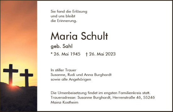 Traueranzeige von Maria Schult von Allgemeine Zeitung Mainz