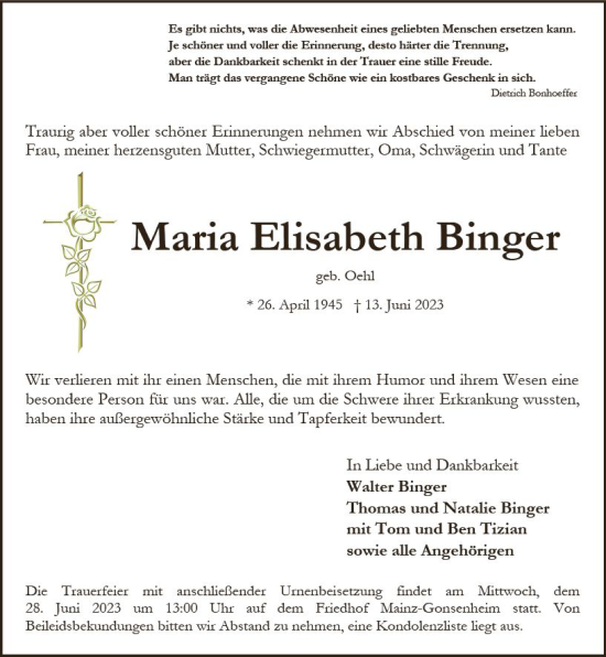 Traueranzeige von Maria Elisabeth Binger von Allgemeine Zeitung Mainz