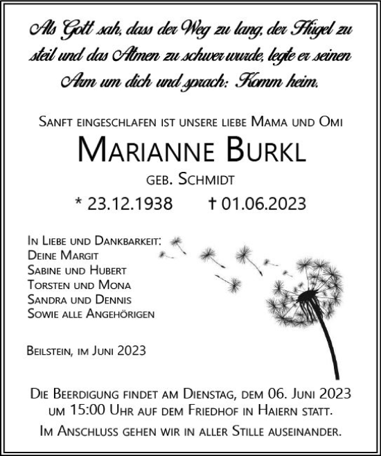 Traueranzeige von Marianne Burkl von Dill Block