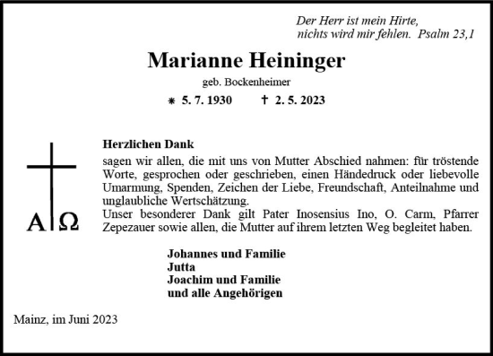 Traueranzeige von Marianne Heininger von Allgemeine Zeitung Mainz
