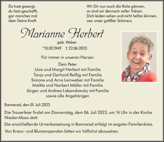 Traueranzeige von Marianne Herbert von VRM Trauer